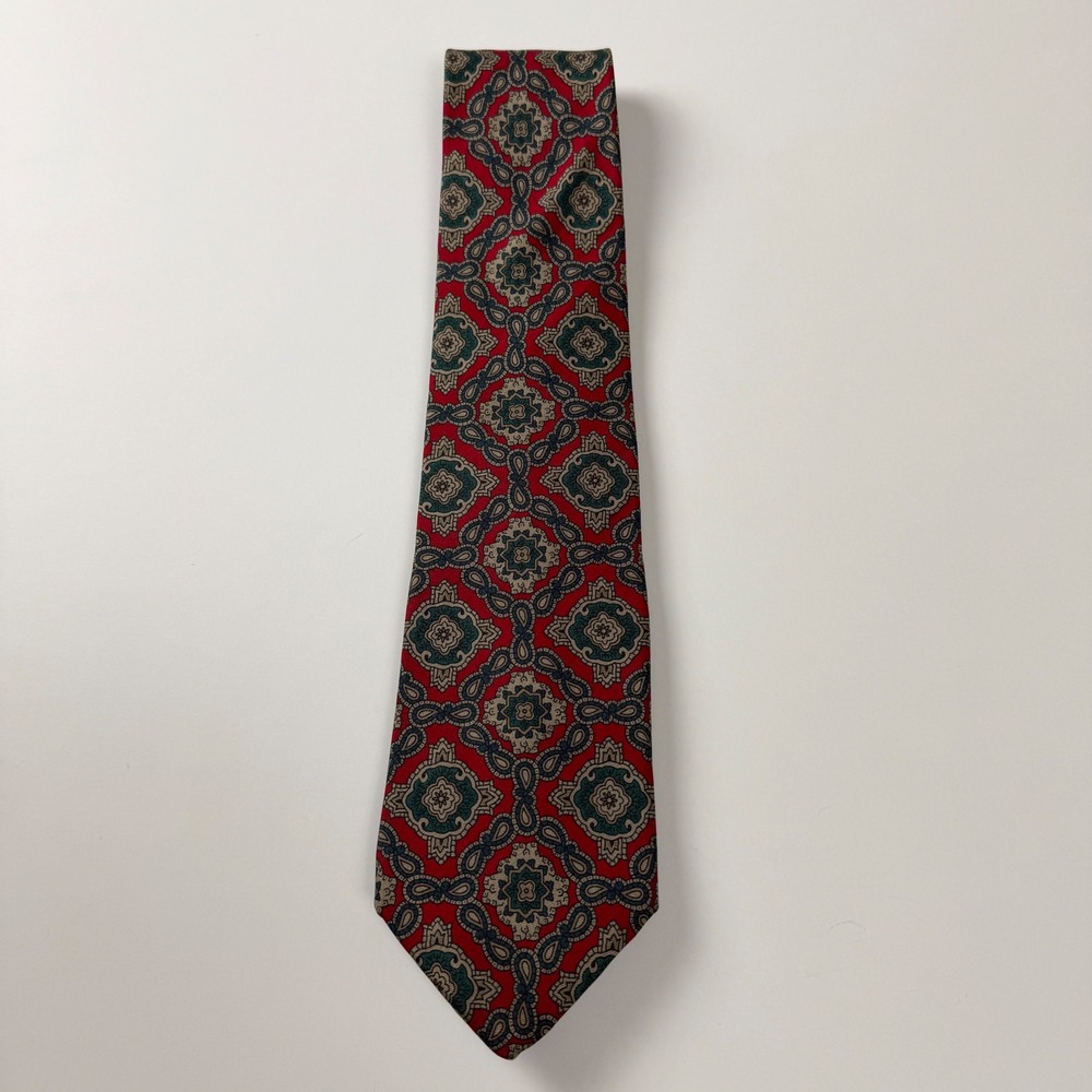 Vintage Bert Pulitzer Red Medallion Geometric Hand Printed Silk Foulard Tie USA